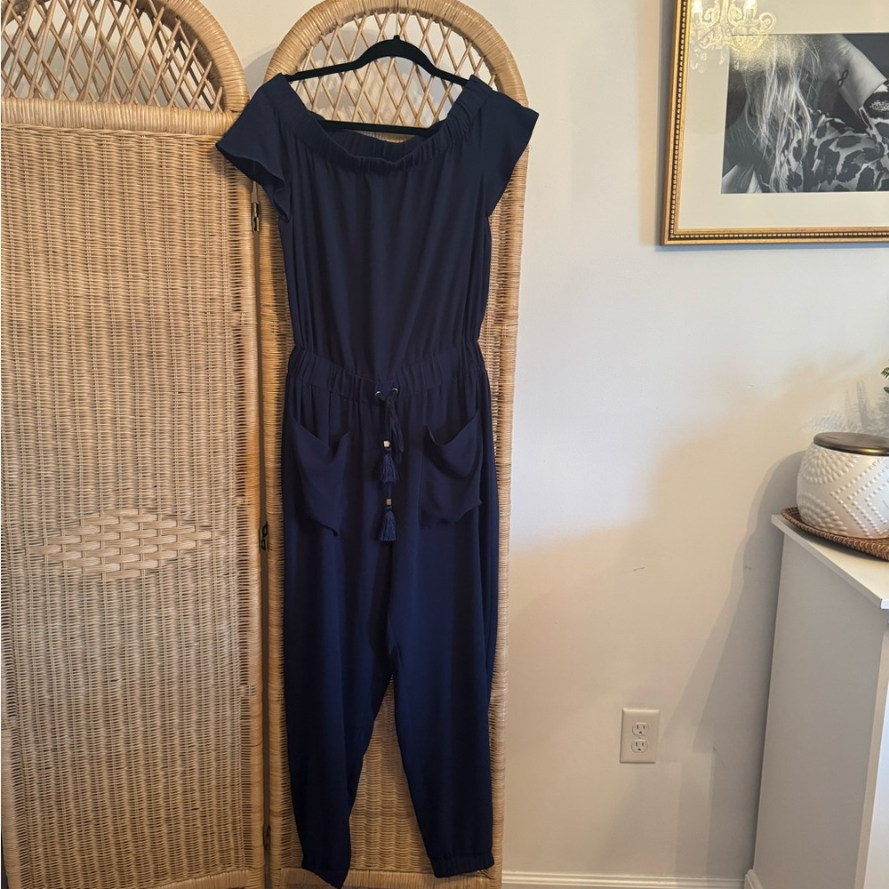 MICHAEL Michael Kors Off-Shoulder Navy Jumpsuit